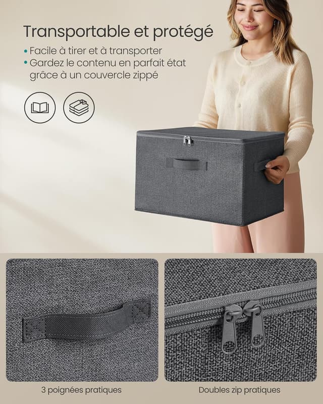 Detalle de SONGMICS Boîte de rangement pliable avec couvercle et poignées (lot de 3), tissu non-tissé, gris ardoise RYZB03G