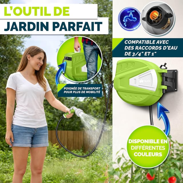 Detalle de tillvex Schlauchtrommel mit Wandhalterung, Handbrause und 9-Funktionen-Wasserpistole (Schlauchaufroller, 30 m, grün)