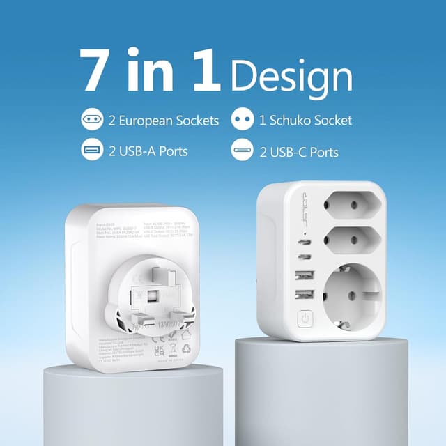 Detalle de JSVER Adaptateur de voyage France/Europe vers Royaume-Uni (Type G) – 2 USB-A + 2 USB-C