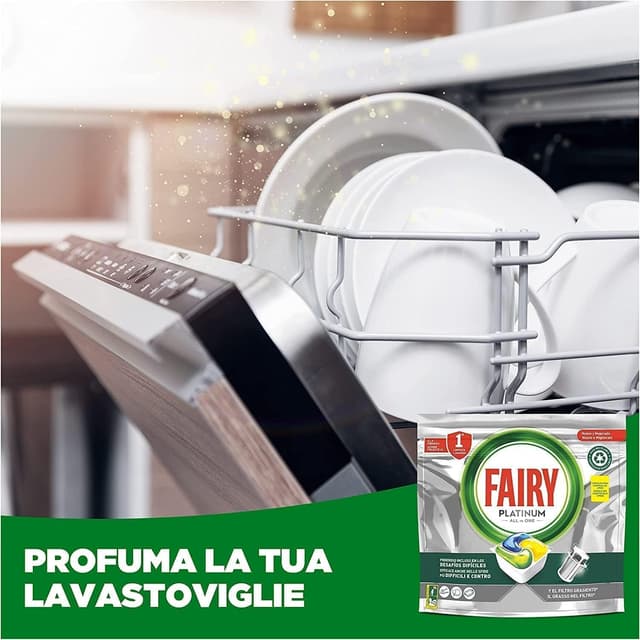 Detalle 2 de FAIRY Platinum capsule detersivo per lavastoviglie con sistema di prelavaggio integrato (126 capsule) Limone