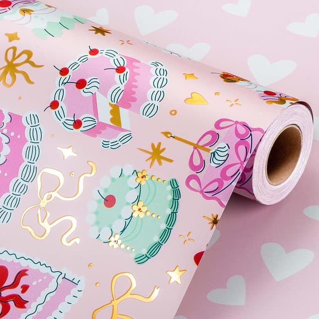 Detalle de Wikadlik Pink Wrapping Paper (43cm x 10m) – romantic cakes and hearts mini roll gift wrap