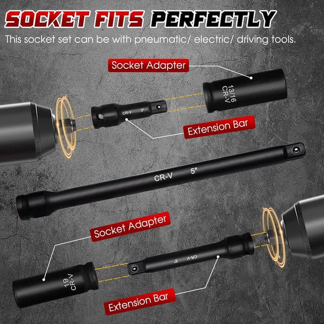 Detalle de 1/2" Drive Impact Socket Set (29-Piece) — Cr-V-M Steel Deep Sockets, SAE & Metric, With Extension Bar and Storage Case