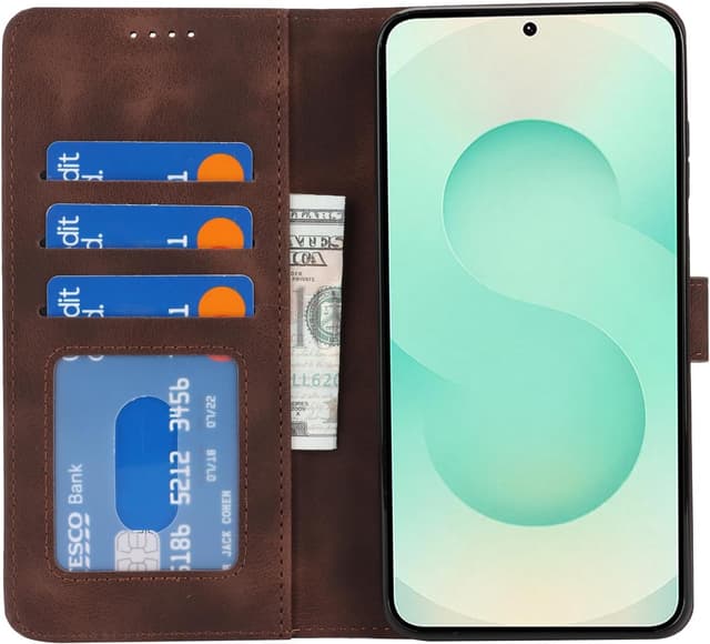 Detalle 2 de Zouzt Hülle für Samsung Galaxy S25 Plus – stoßfeste PU-Leder Flip-Hülle mit Kartenhalter & verstellbarem Stand (Vintage Dunkelbraun)