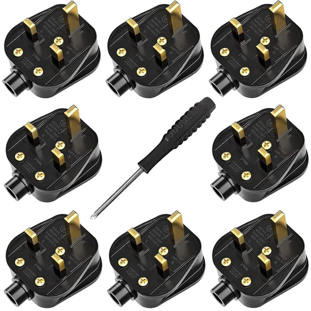 Detalle de 8-Pack Rubber Composite Rewireable 13 Amp Fused 3-Pin UK Plugs with Cord Grip (Black)