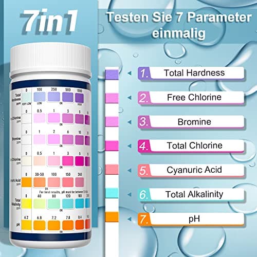 Detalle de RUNBO 150 tiras reactivas 7 en 1 para piscina, spa y bañera: pH, cloro y más