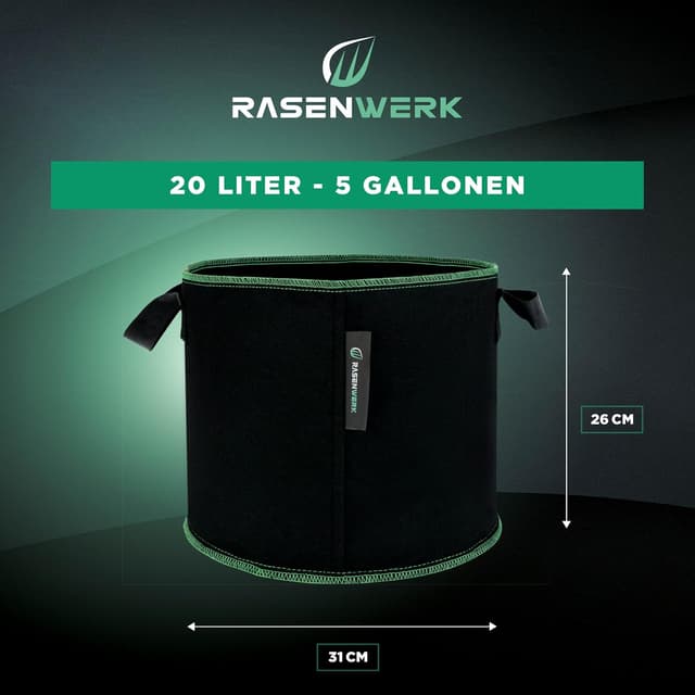 Detalle de RASENWERK® Vliesstoff-Pflanztasche 20 Liter – Pflanzsack für Garten, Gewächshaus & Balkon (5 Stück)