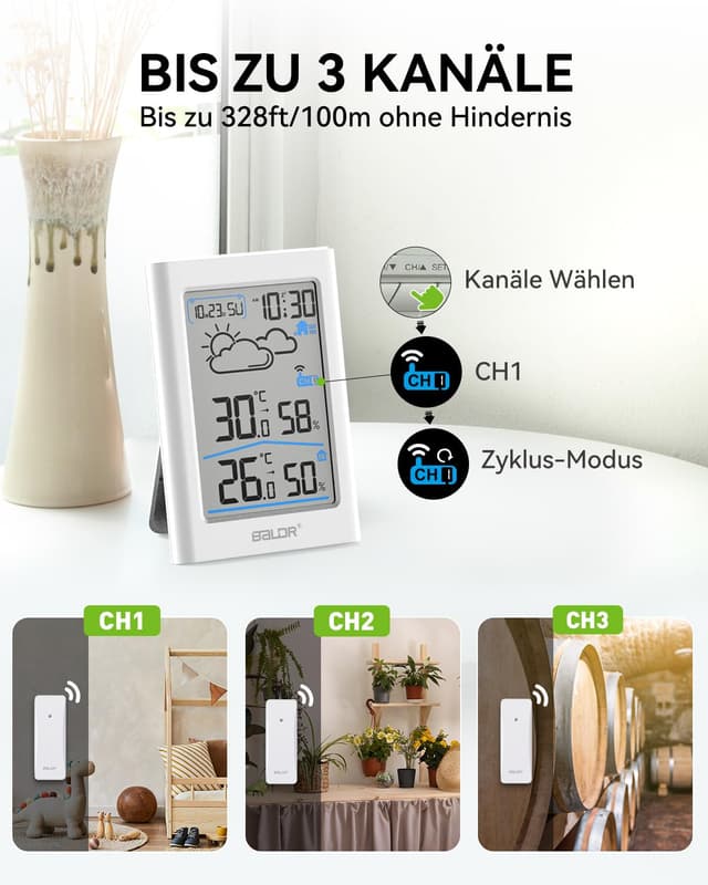 Detalle de BALDR stazione meteo radio con sensore esterno, orologio DCF e termometro igrometro LCD