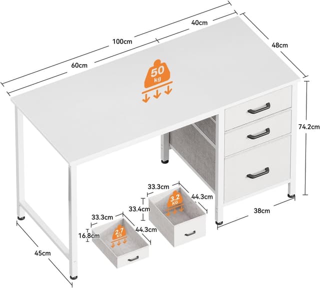 Detalle de Coleshome Computer Desk with Drawers (100×48cm) with Storage & Reversible Small Office Desk