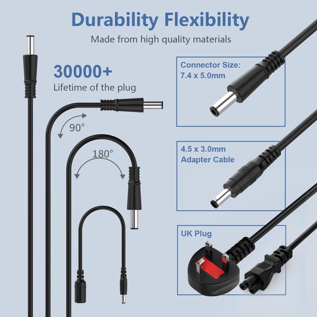 Detalle de 90W Dell laptop charger adapter (compatible with selected Dell Latitude, Vostro, XPS, Inspiron and Chromebook models)