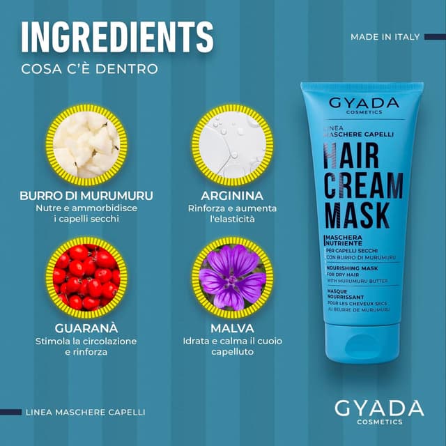 Detalle de GYADA COSMETICS Maschera Capelli Nutriente e Ristrutturante con Olio di Semi di Lino e Malva, 200 ml