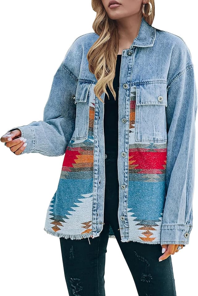 Detalle de Lumister Women’s Aztec Denim Jacket (Distressed Lapel, Long Sleeve Button-Down Shacket)