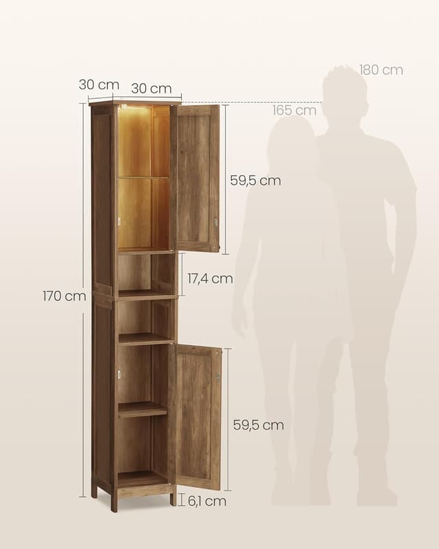 Detalle 2 de VASAGLE BBK566KB01 mobile da bagno salvaspazio con luce attivata dalla porta, 30 cm