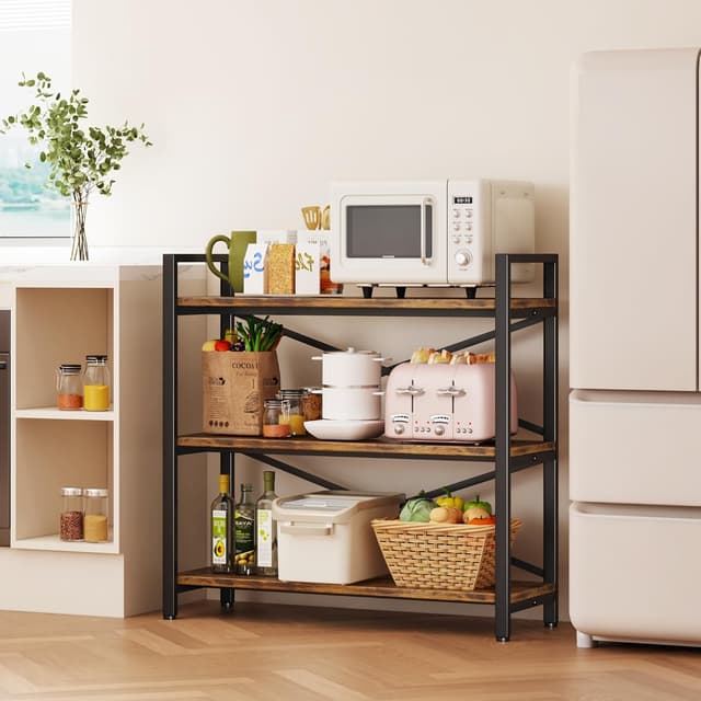 Detalle de 3-Tier Bookshelf 31.49" Width Wood & Metal Etagere Bookcase (Rustic Brown) — 3-tier storage rack