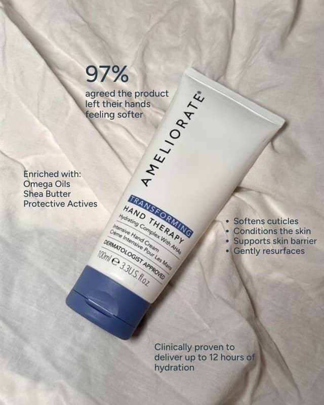 Detalle de AMELIORATE Transforming Hand Therapy 100 ml – exfolierende Handcreme mit Milchsäure (AHA) & Sheabutter für trockene, rissige Hände