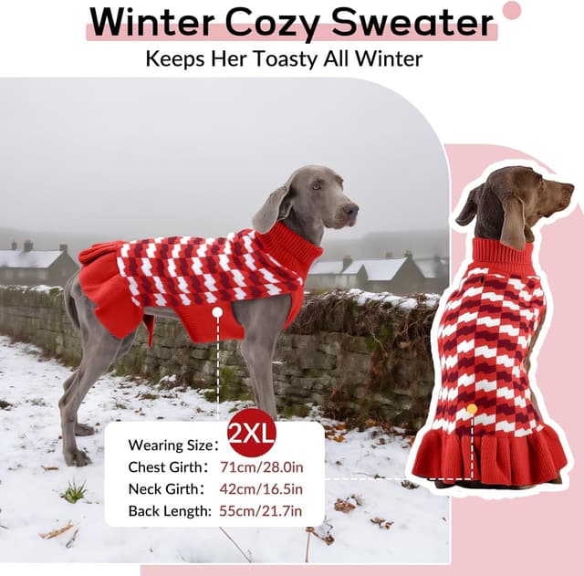 Detalle de OUOBOB Christmas Dog Dress for Female Dogs (Warm Knitted Jumper Dress with Skirt) – Red, 5XL