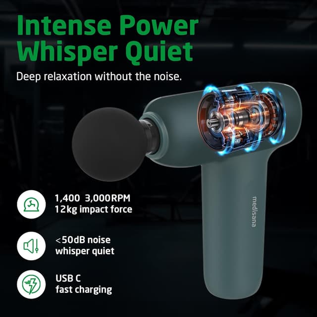 Detalle de medisana MG 200 Mini Massage Gun with 4 attachments, smart mode and 5 intensity levels