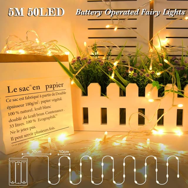 Detalle de cshare Battery Fairy Lights, 5m 50 Warm White LED with Timer (IP65)