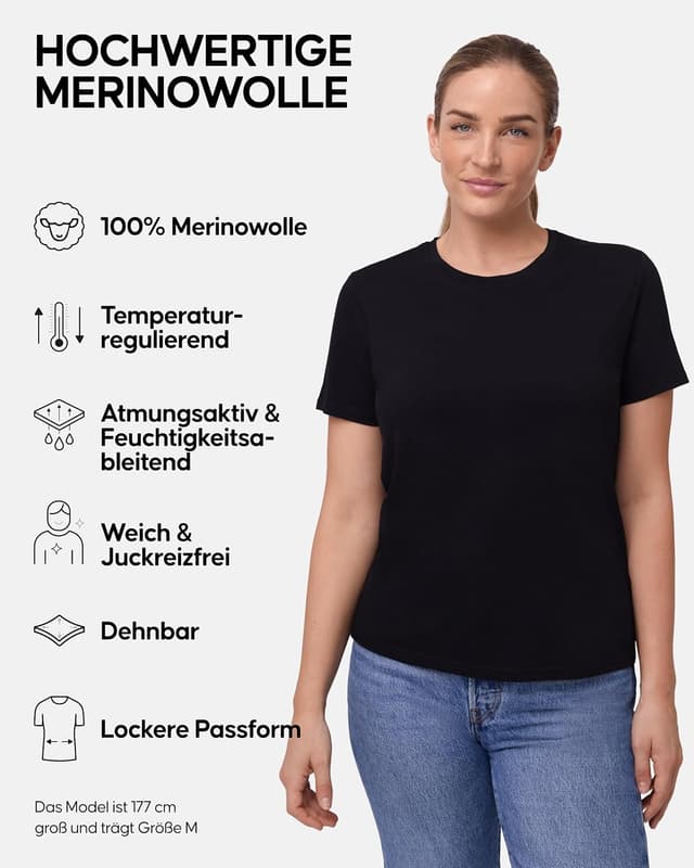 Detalle de DANISH ENDURANCE 100% Merino Shirt Damen (2er Pack) – leichtes, geruchshemmendes T‑Shirt