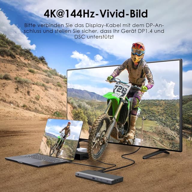 Detalle de WAVLINK USB-C Docking Station für 3 Monitore mit 2× DP + HDMI, 4K bis 144 Hz und 130-W-PD-Ladegerät