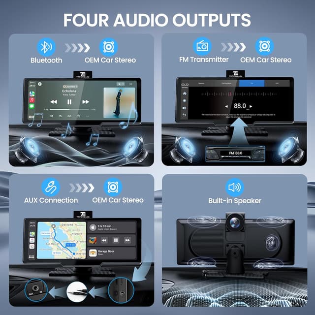 Detalle de TECXERLLON 10.26-inch Wireless CarPlay & Android Auto screen with 4K dash cam and 1080P rear camera