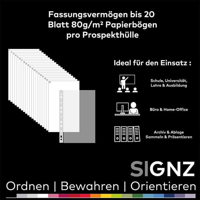 Detalle de SIGNZ Prospekthüllen DIN A4, 80 my, glasklar – 100 Stück, oben offen, CO2-neutral hergestellt