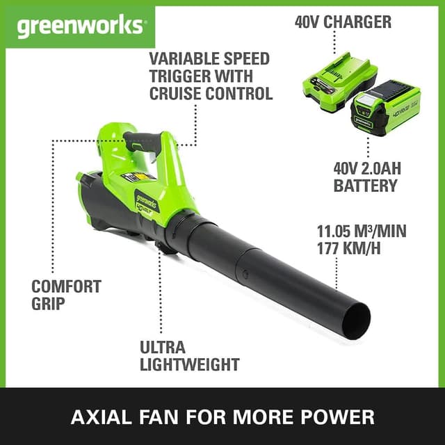 Detalle 2 de Greenworks G40ABK2 Cordless Leaf Blower with Cruise Control (40V 2Ah)