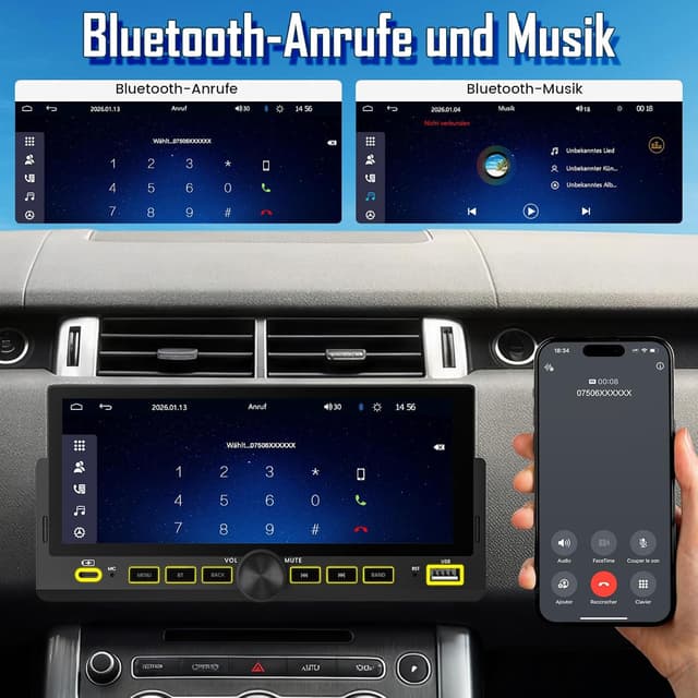 Detalle 2 de 1-DIN Autoradio mit 6,86-Zoll Wireless CarPlay & Android Auto, Bluetooth und Rückfahrkamera