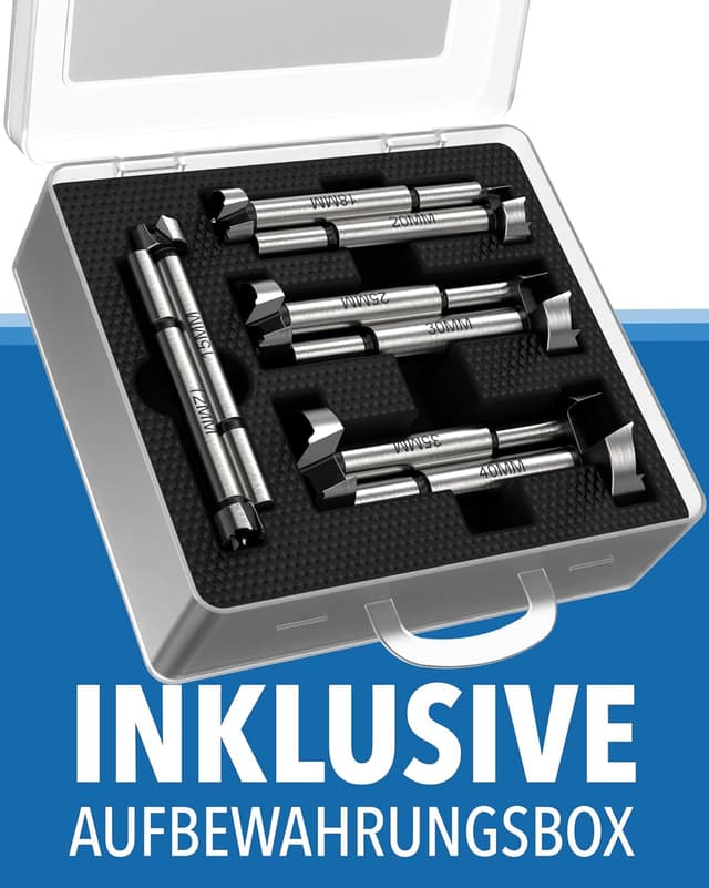 Detalle 2 de Forstnerbohrer-Set 8-teilig 12–40 mm inkl. Aufbewahrungsbox – Präzisionsbohrer für Holz, Scharniere & Möbelbau