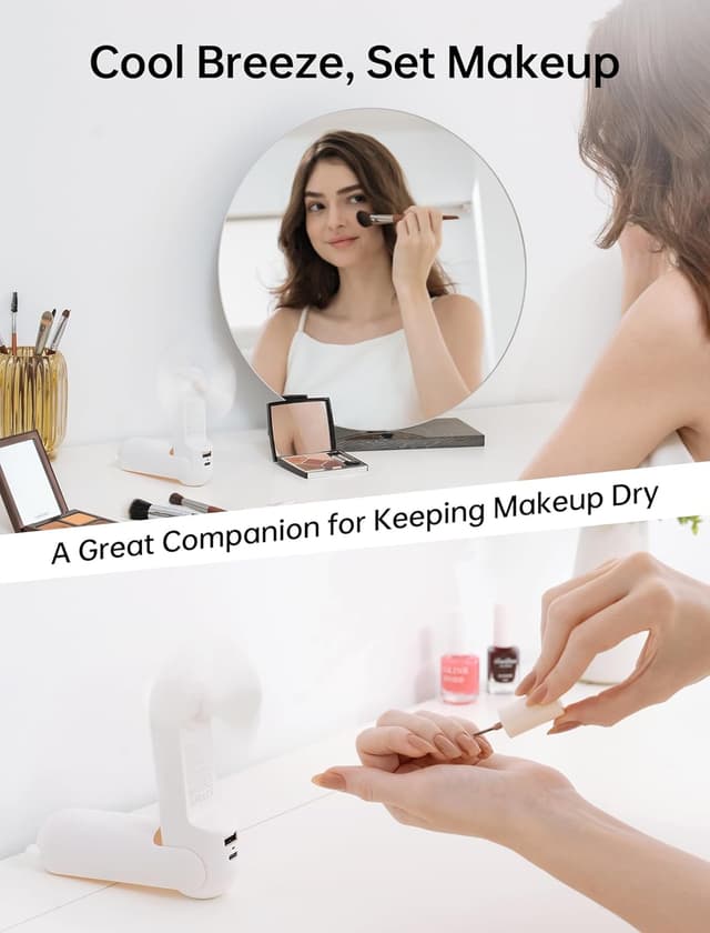 Detalle de JISULIFE Handheld Fan with 4500 mAh Powerbank (Max 37 Hours Runtime) – Quiet Folding Pocket USB Fan in White