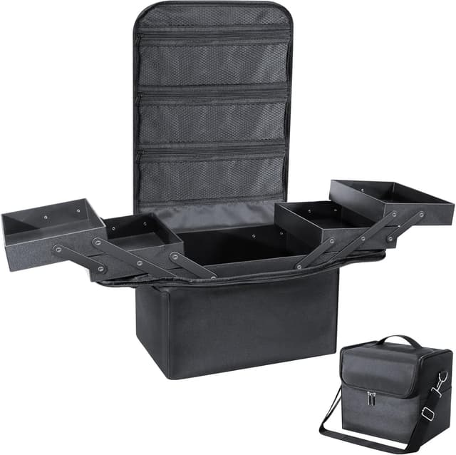 Detalle de Feibrand Large Makeup Organiser Box Vanity Case – Black travel make up bag with 2 layers, 4 expandable trays