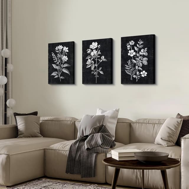 Thumbnail 4 de Minimalist Black White Floral Canvas Set 30x40cm