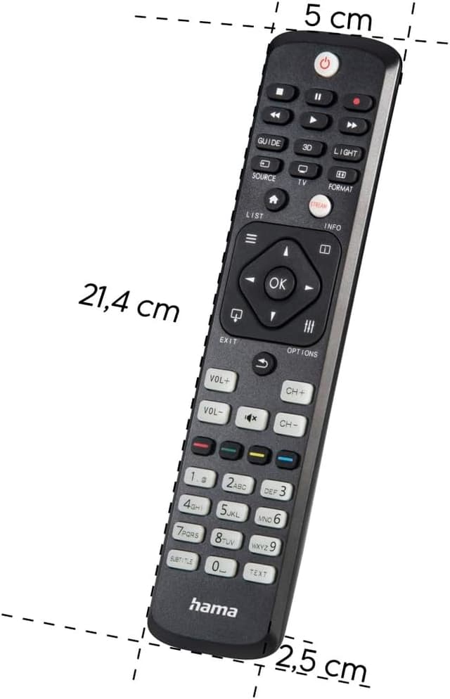 Detalle de Hama lernfähige Universal-Fernbedienung für Philips TVs, Infrarot, selbstleuchtende Tasten, Easy Mode & 10 m Reichweite (schwarz)