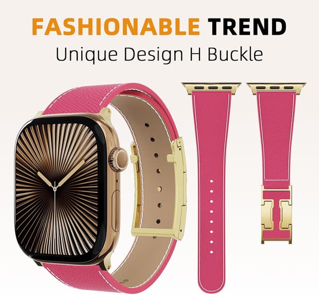 Detalle de Genuine Leather Designer Replacement Strap with Magnetic H Buckle for Apple Watch (49mm–38mm)