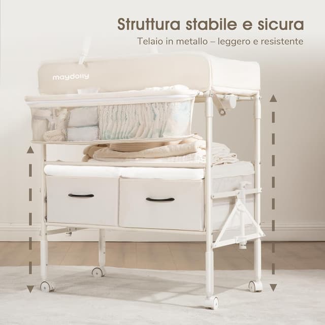 Detalle de Maydolly Fasciatoio portatile e pieghevole per neonato con altezza regolabile e materassino impermeabile – Beige
