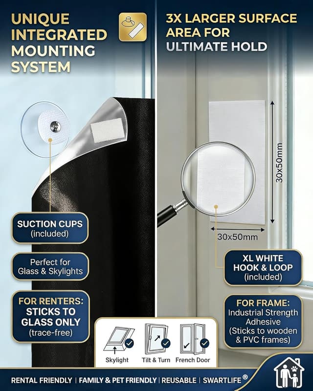 Detalle 2 de SwartLife 100% Blackout Blind (240x145cm) Stick-On Cut-to-Fit with Suction Cups & Hook-Loop Tabs