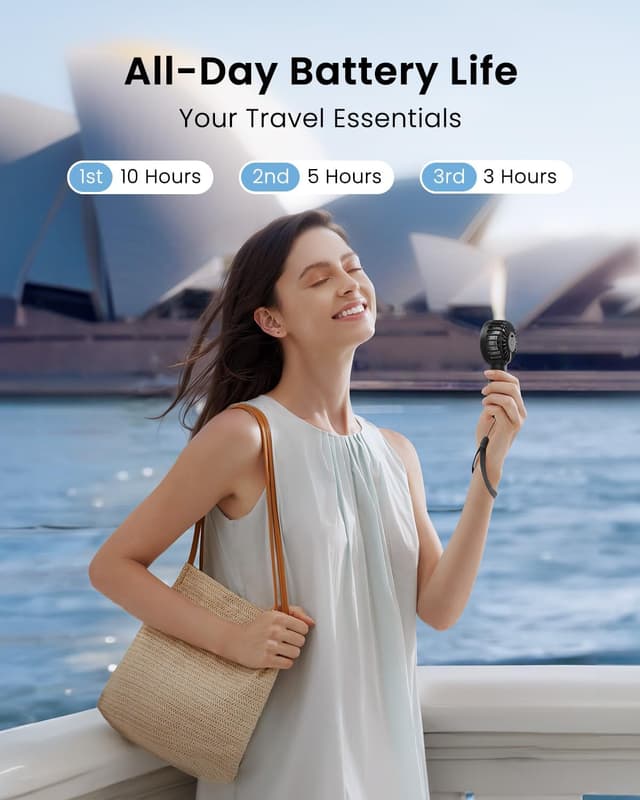 Detalle 2 de Gaiatop Mini Portable Handheld Fan (3-speed, USB rechargeable) for travel, camping and quick makeup drying