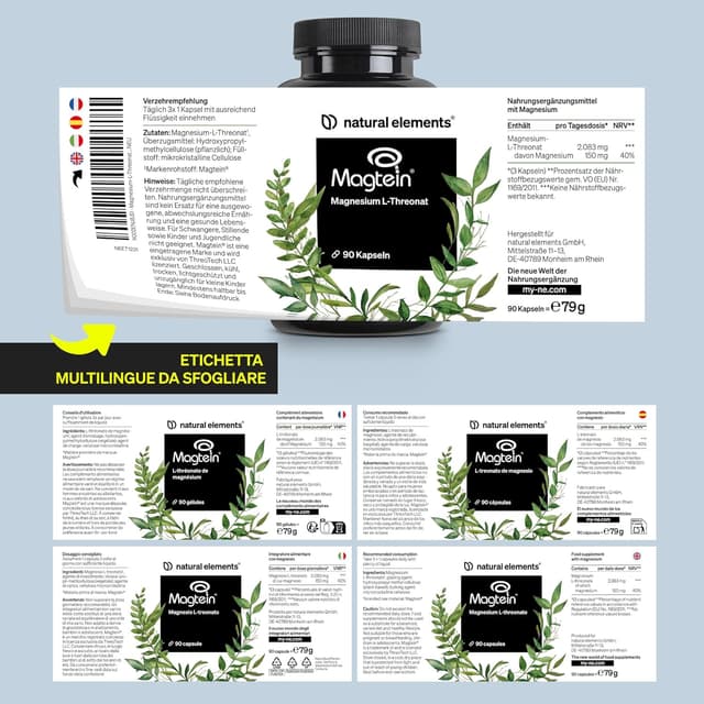 Detalle de natural elements Magnesio L-Treonato (Magtein) 150 mg per dose giornaliera – 90 capsule vegane