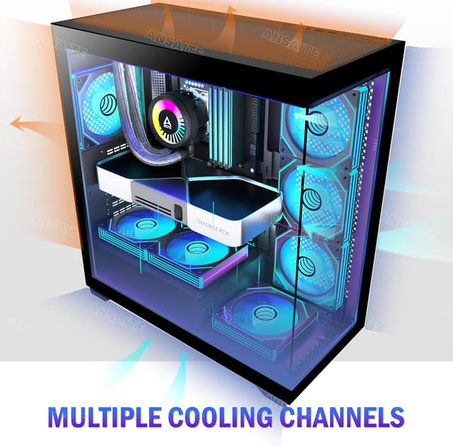 Detalle de ANSAITE C9 PC Case (ATX Mid Tower) with 7×120mm PWM ARGB Fans, Panoramic 270° Tempered Glass, USB Type C, Black