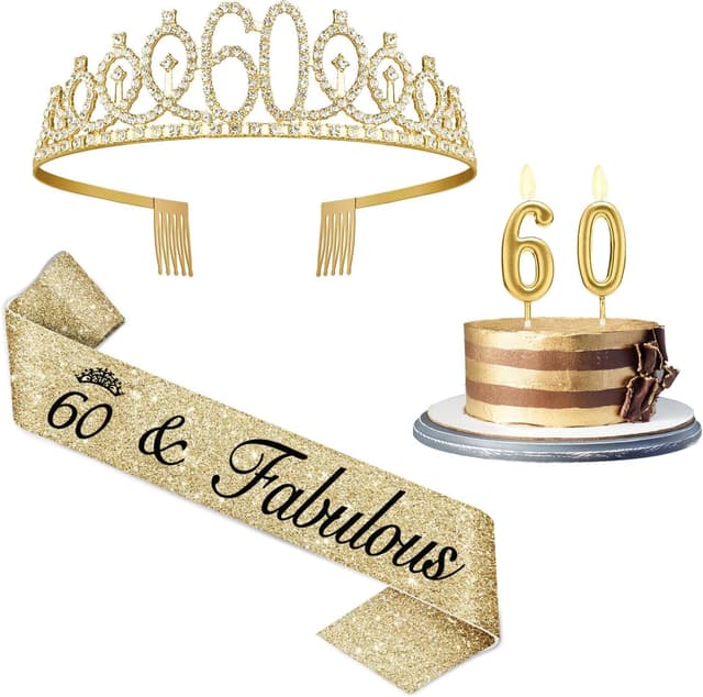 Detalle de Amosking 60th Birthday Decorations Set: 60 sash, crown/tiara and gold number 60 candles