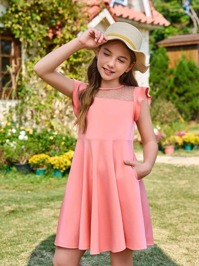 Detalle de Haloumoning Girls Summer Dress with Ruffle Sleeves, Mesh Detail, and Pockets (A-Line, Ages 4–14)