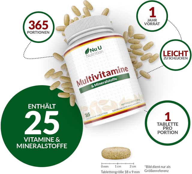 Detalle de Nu U Nutrition Multivitamin & Mineralstoffe A–Z – 365 vegetarische Tabletten (A–Z, 25 Nährstoffe pro Tablette)
