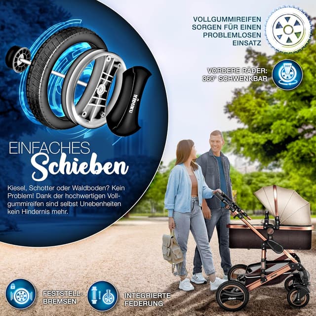 Detalle de KIDUKU 3-in-1 Kinderwagen-Set XXL mit Babywanne, Sportsitz, Buggy-Anpassung & Babyschale