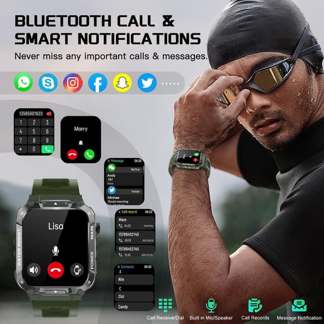 Detalle 2 de Military Smart Watch for Men (1.96-inch) in Military Green with Call, Fitness, Blood Oxygen & Sleep