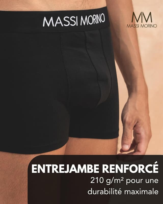 Detalle 2 de Boxers homme en coton sans étiquette (lot de 6 ou à l’unité) Massi Morino – noirs, ceinture élastique, S à XXL