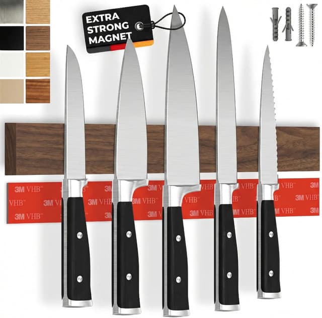 Detalle de CUCINO Self-Adhesive Magnetic Knife Strip (Walnut, 40 cm) with Extra-Strong Magnet