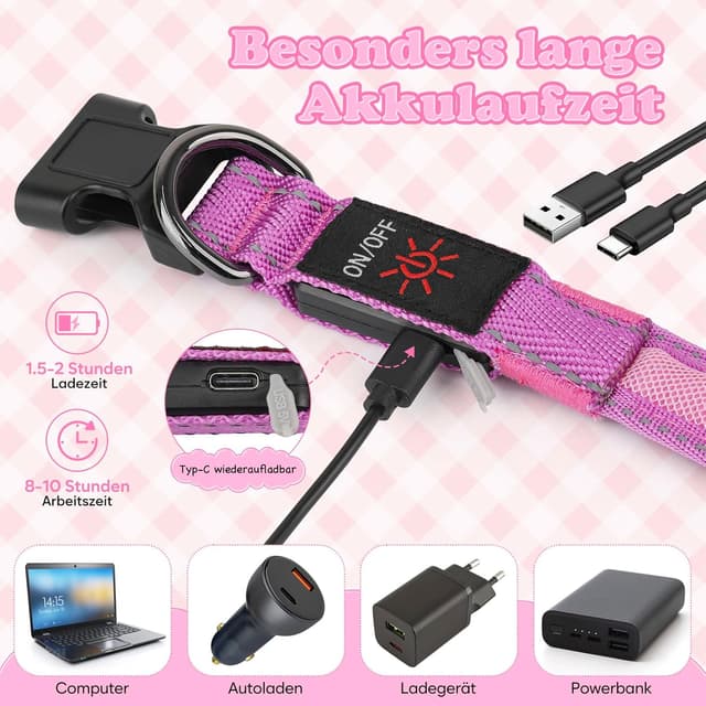 Detalle de Ezierfy LED-Leuchthalsband für Hunde, USB-C aufladbar, wasserdicht, einstellbar (Rosa, Groß)