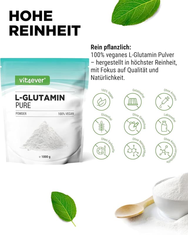 Detalle de vit4ever L-Glutamin Pulver (1000 g) – hochdosierte vegane Aminosäure aus pflanzlicher Fermentation
