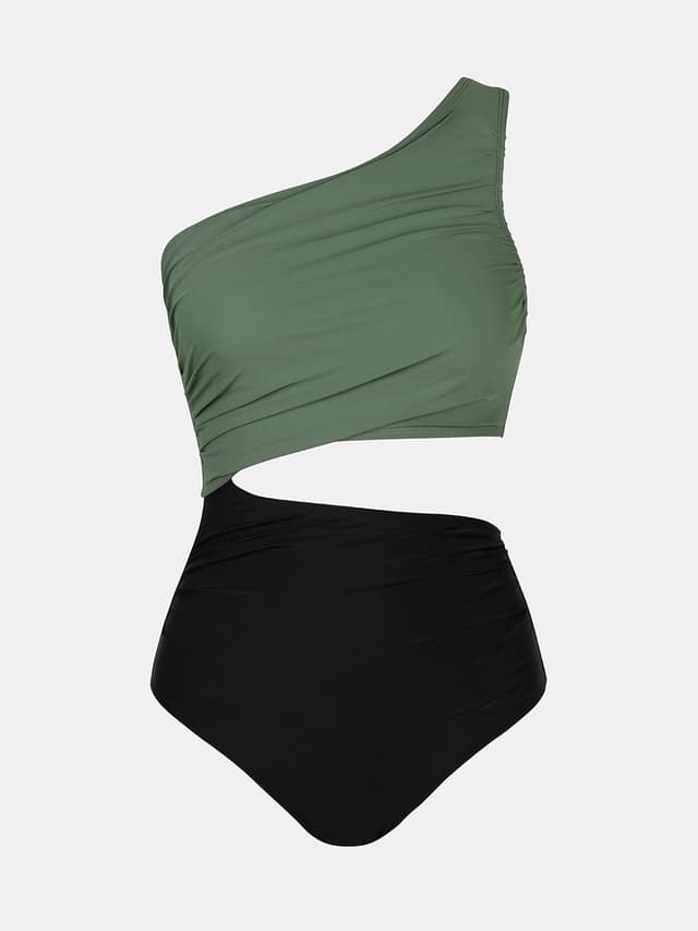 Detalle de CUPSHE Costume da bagno intero da donna monospalla color block con ritaglio laterale increspato