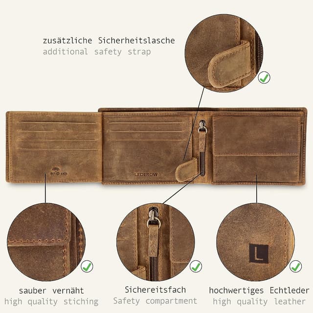Detalle de LEDEROW Herren-Geldbörse aus Leder Hunter Braun (Querformat) – RFID/NFC-Schutz, mit Münzfach & Geschenkbox