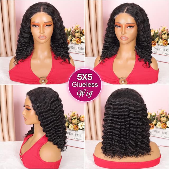 Detalle 2 de Ailwelia Curly Bob Wig (Human Hair Deep Wave) 5x5 HD Lace Glueless, 200% Density, 14 Inch